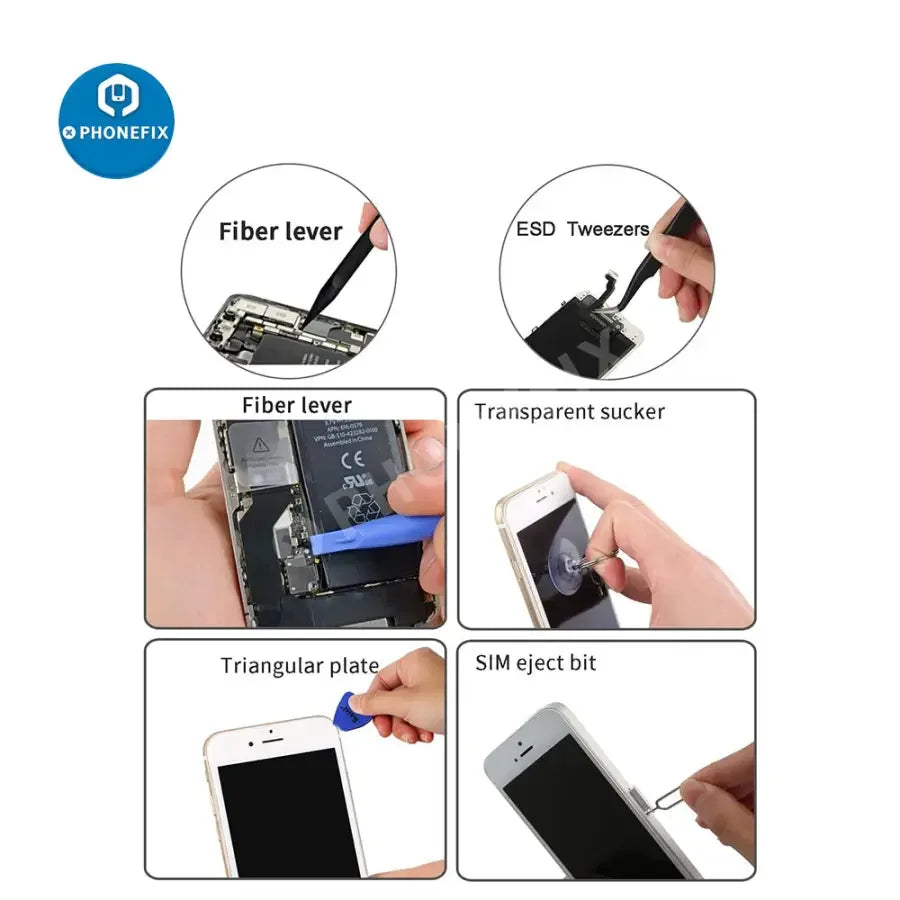 PHONEFIX professional screwdrivers and pry tools kit for phone and tablet repair, featuring various hand tools for opening and fixing devices.
