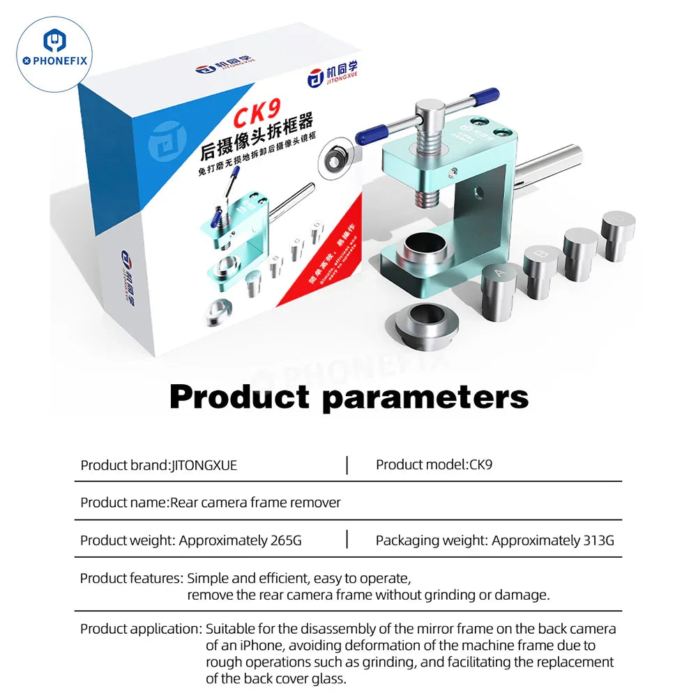 PHONEFIX JTX CK9 iX73 rear camera frame remover tool for iPhone X to Pro Max, designed for careful camera frame removal.