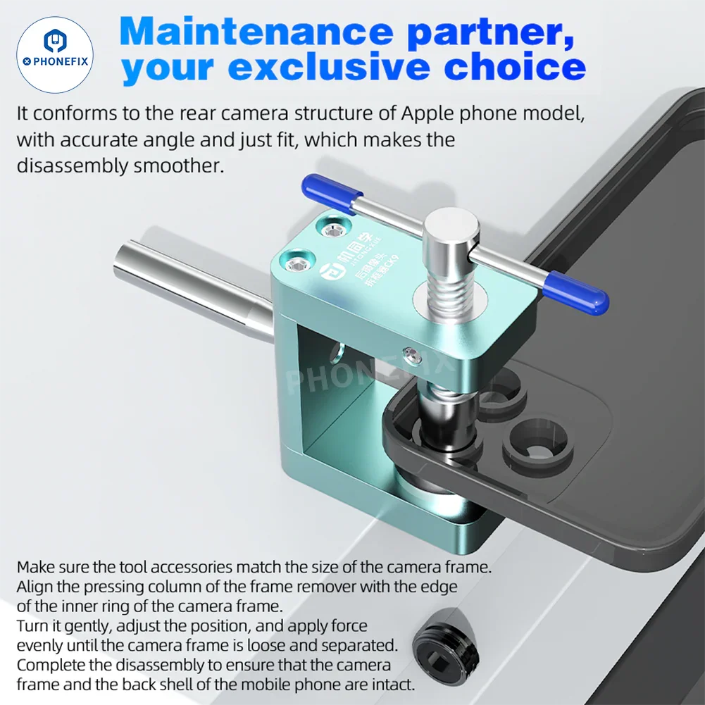 PHONEFIX JTX CK9 iX73 rear camera frame remover tool for iPhone X to Pro Max, used for camera lens and frame removal.