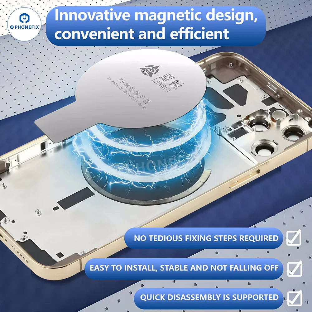 La placa de protección magnética de carga inalámbrica Lanrui Z9S para iPhone se instala en un teléfono inteligente con herramientas manuales universales para su reparación.