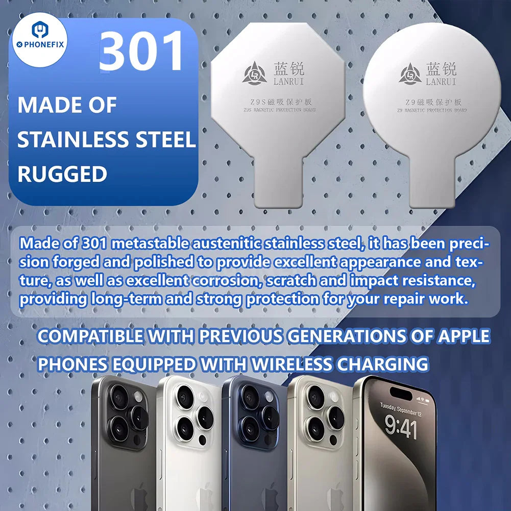 Placa protectora magnética de carga inalámbrica para iPhone Lanrui Z9S con herramientas manuales universales de PHONEFIX, como se muestra en la imagen.