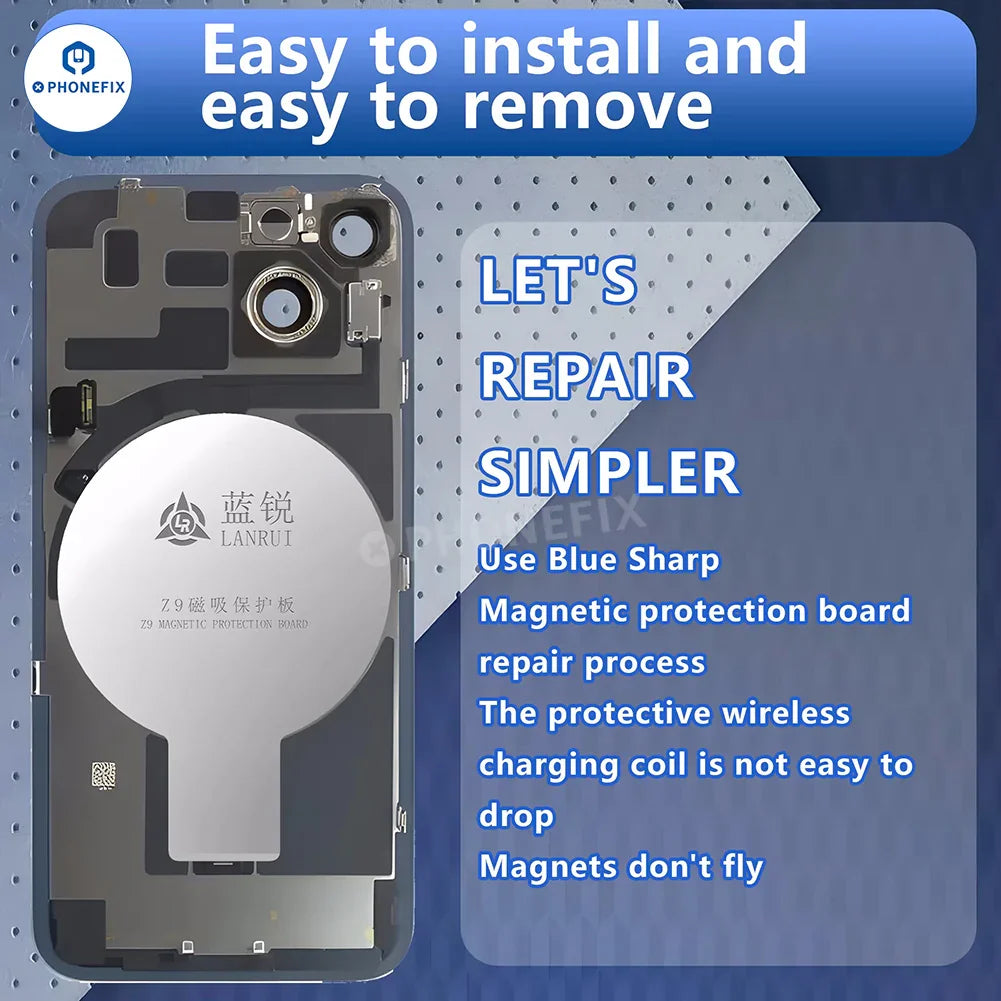 Placa protectora magnética de carga inalámbrica para iPhone Lanrui Z9S, compatible con herramientas manuales universales, mostrada sobre un fondo blanco.