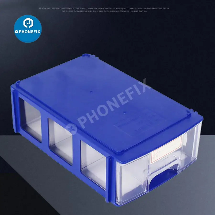 Small PHONEFIX motherboard IC storage box for organizing electronic components and small accessories in a compact container.
