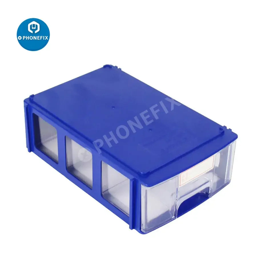 Small PHONEFIX motherboard IC storage box for organizing small electronic components and accessories.