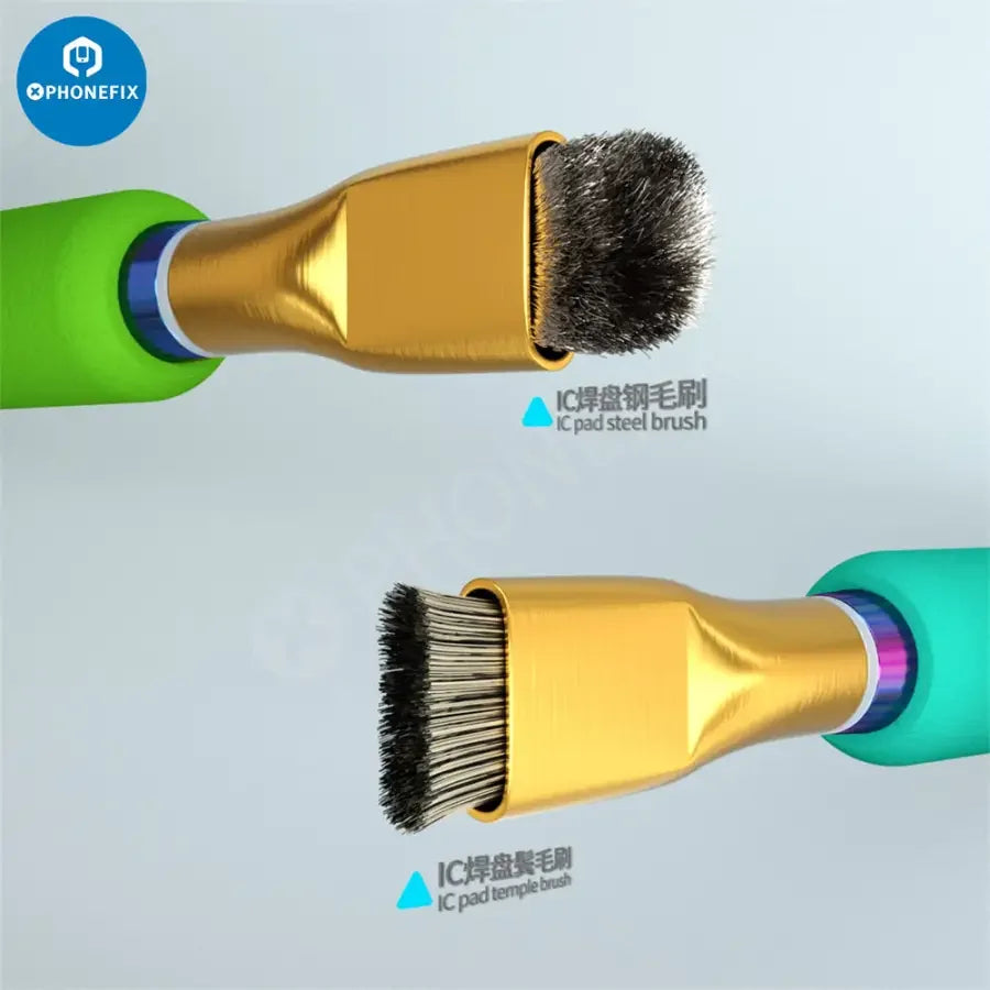 Deux brosses latérales en acier PHONEFIX MiJing IC Pad pour le nettoyage des composants électroniques, dans une boîte, conçues pour le nettoyage et l'entretien des appareils électroniques.