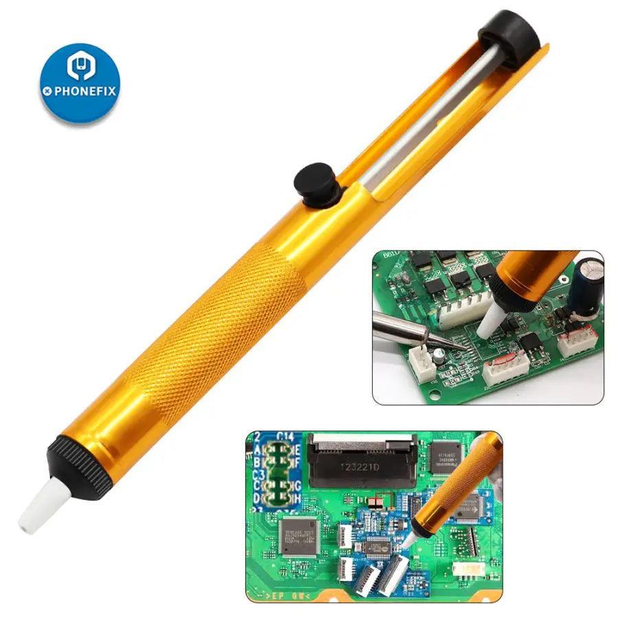 PhoneFIX metal desoldering pump, a universal hand tool with a suction tin gun for removing solder from electronic circuits.