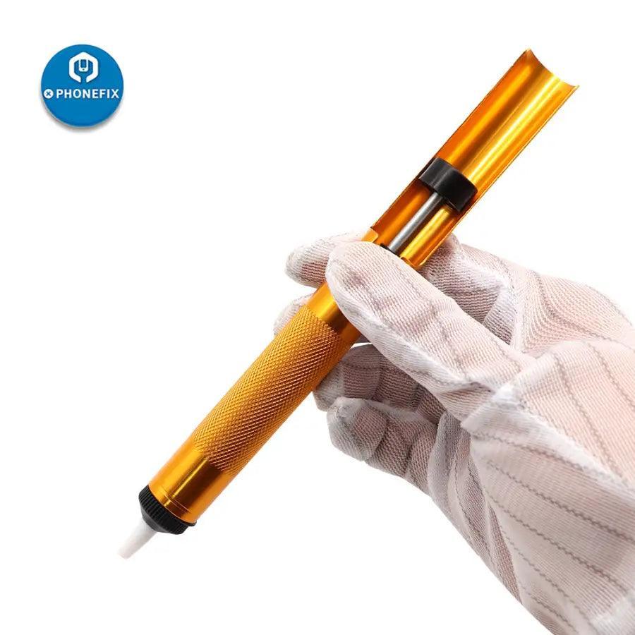 PhoneFix metal desoldering pump for solder removal, handheld solder sucker pen, durable metal construction, ideal for electronic repairs.