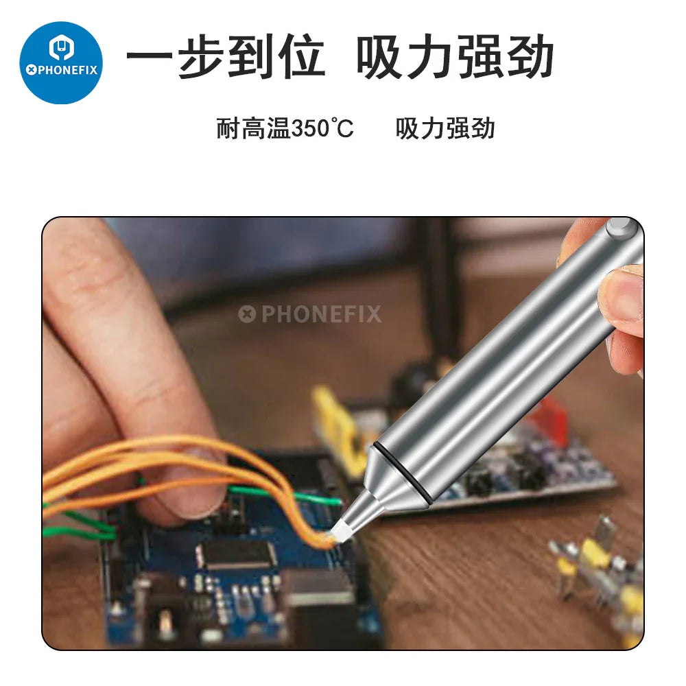 PhoneFix metal desoldering pump, a universal hand tool with a suction tip for removing solder from electronic circuit boards.