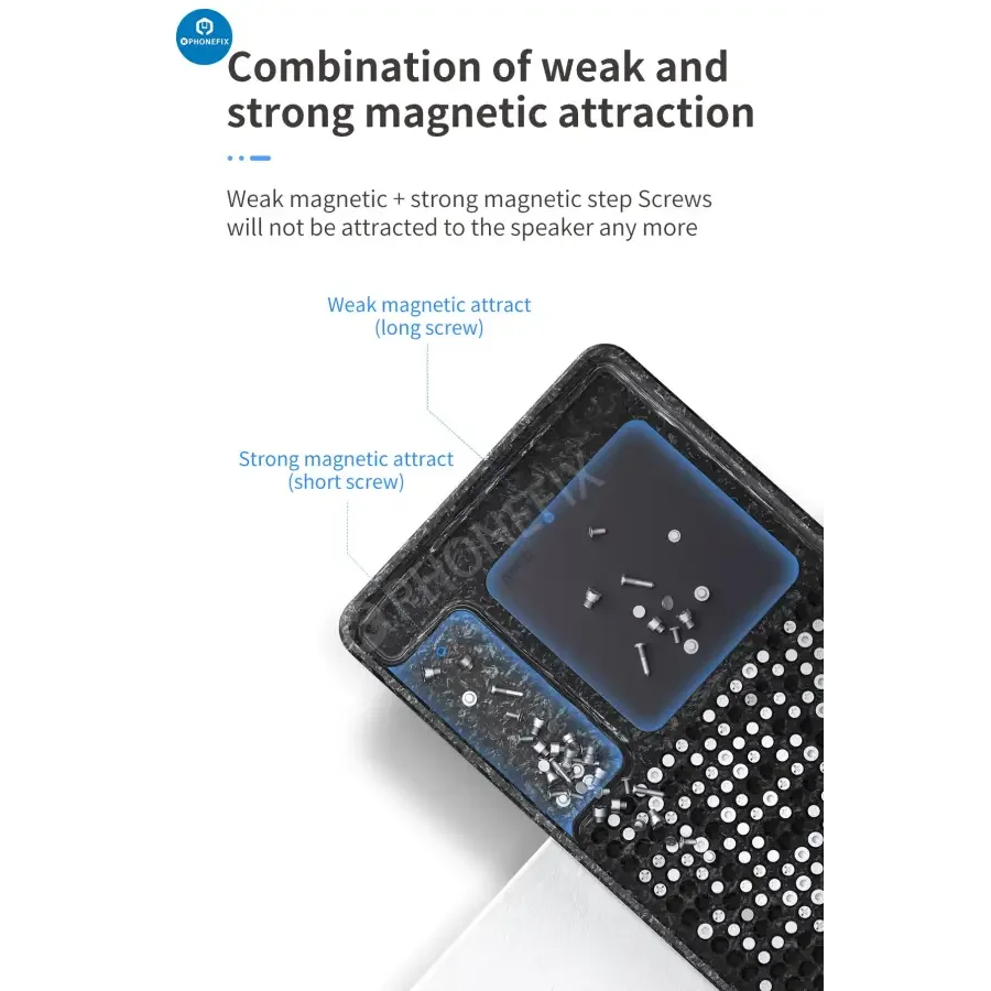 PhoneFix magnetic screw storage tray for phone repair, universal hand tools for organizing small phone screws and components.