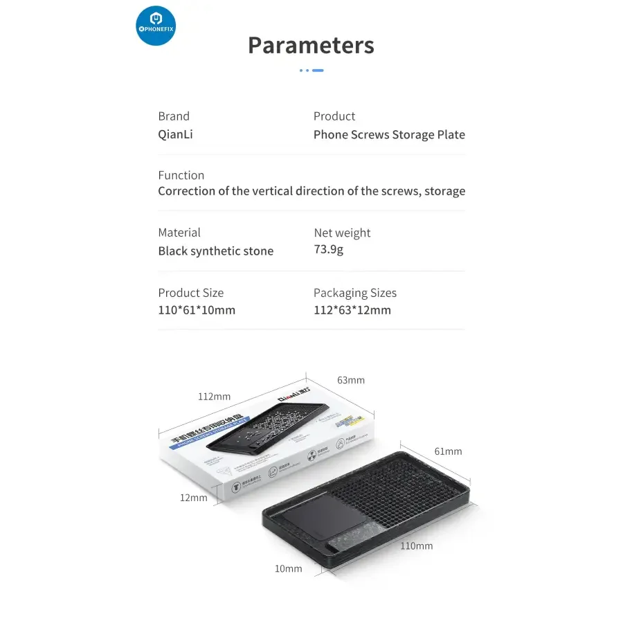 PhoneFix Qianli magnetic phone screws storage tray for phone repair, universal hand tool for organizing small screws during repairs.