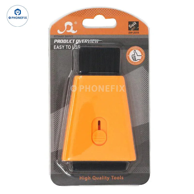 PhoneFIX double-ended retractable cleaning brush with soft bristles for dust removal on phone keyboards and electronic devices.