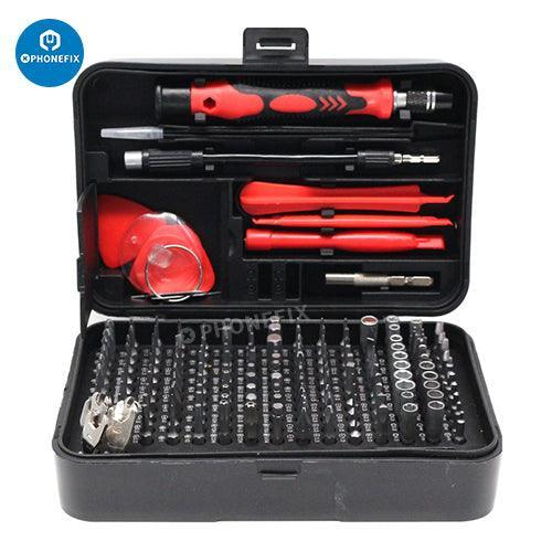 PhoneFix multifunctional 170-in-1 screwdriver set with red handles, includes tools for phone screen opening and general repairs.
