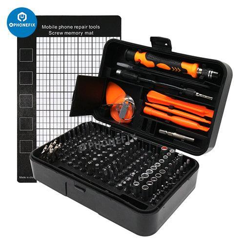 PHONEFIX 170-in-1 multifunctional screwdriver set with various hand tools for phone screen opening and repairs.