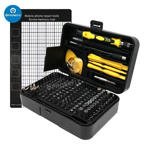 PhoneFix 170-in-1 screwdriver set with various hand tools for phone screen opening and repair, featuring red handles and precision tips.