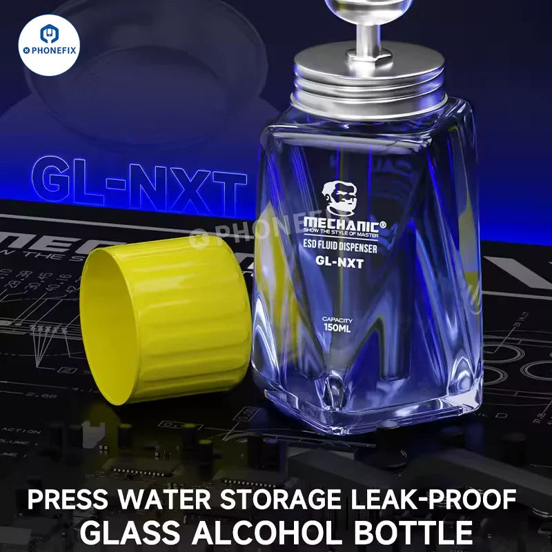 PhoneFix 150ml glass alcohol bottle for phone repair with press-type liquid cleaner in a universal hand tools box.