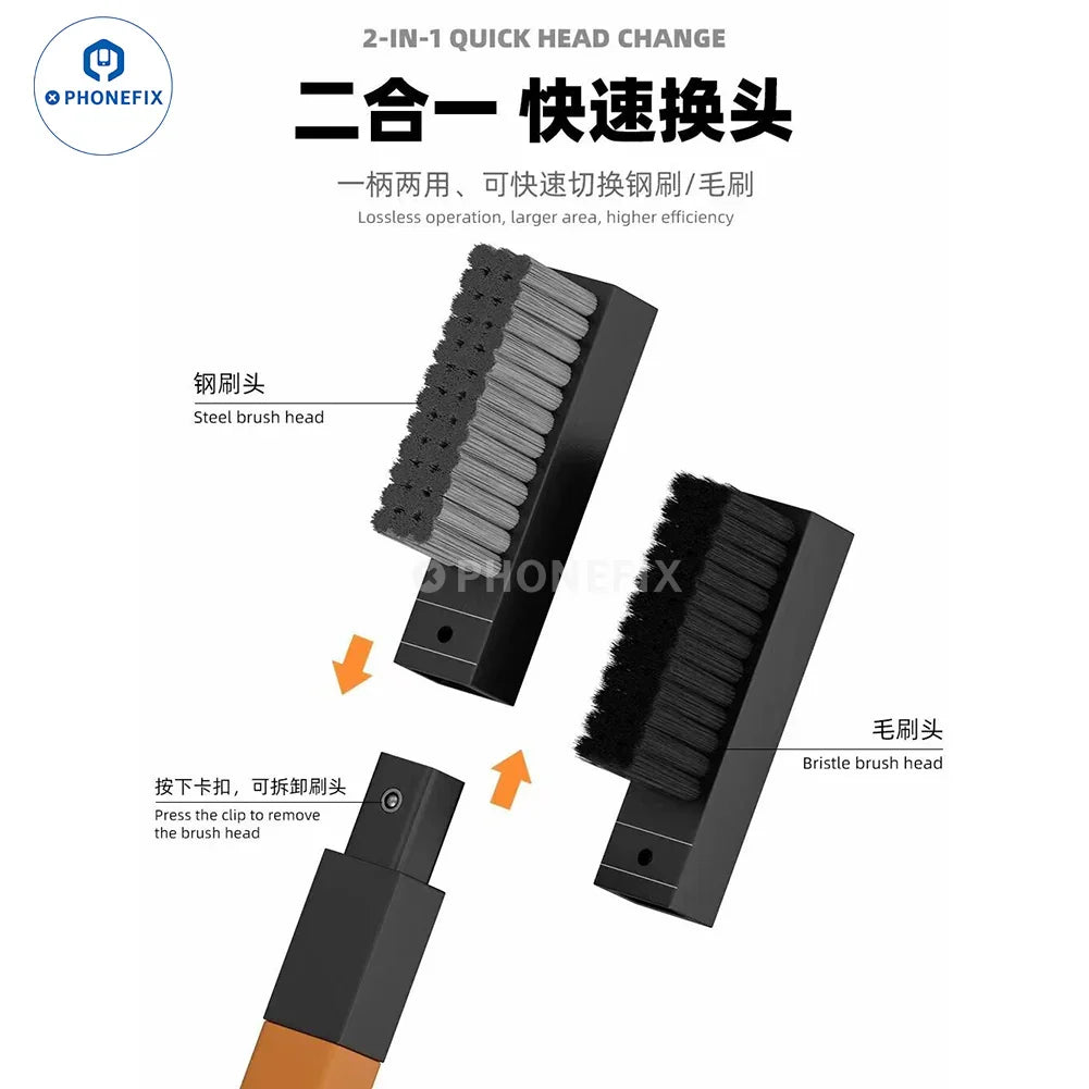 WYLIE 2-in-1 aluminum alloy steel brush for PCB chip cleaning and repair, universal hand tool by PHONEFIX, shown in use.