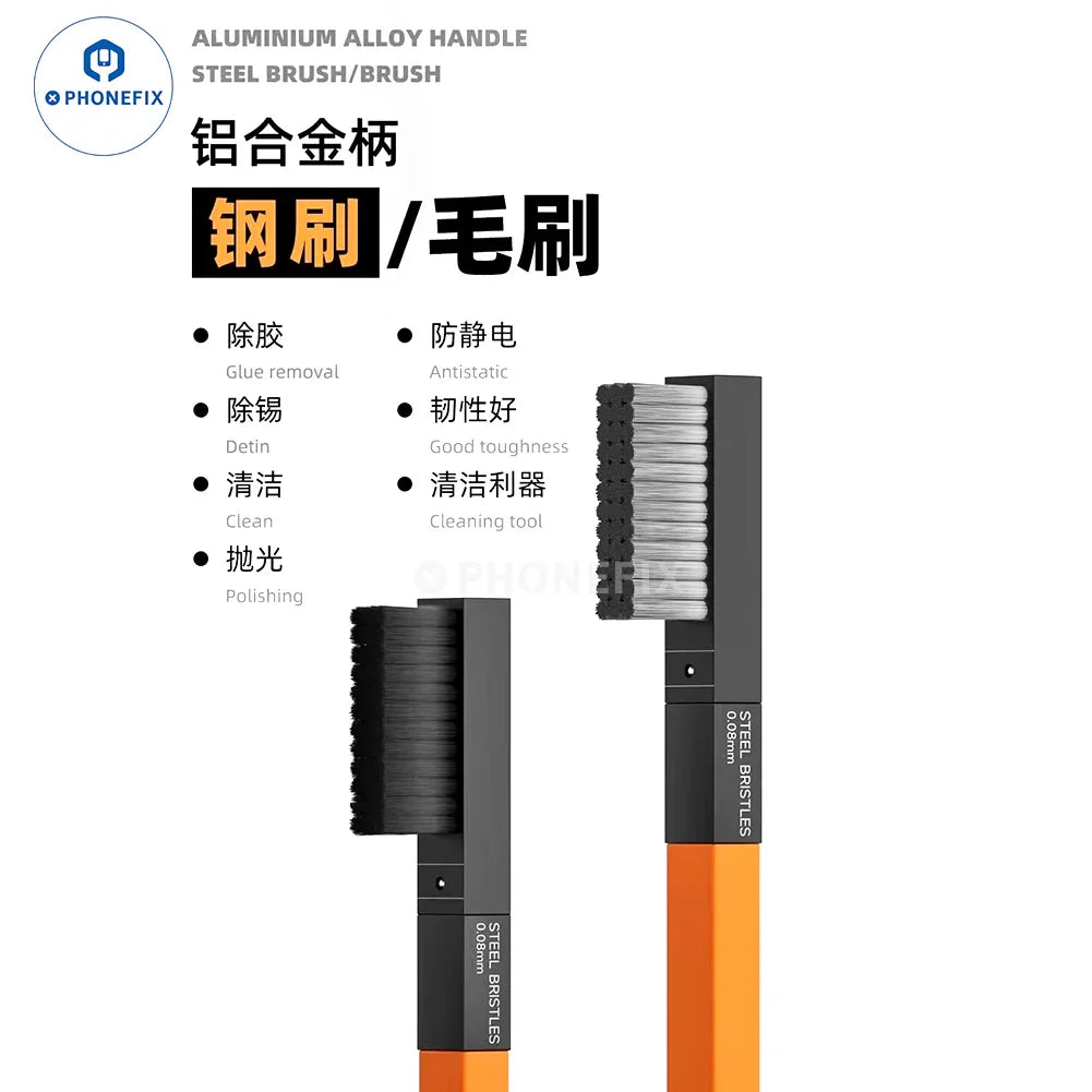 WYLIE 2-in-1 aluminum alloy steel brush by PHONEFIX for PCB chips cleaning and repair, universal hand tool for electronics maintenance.