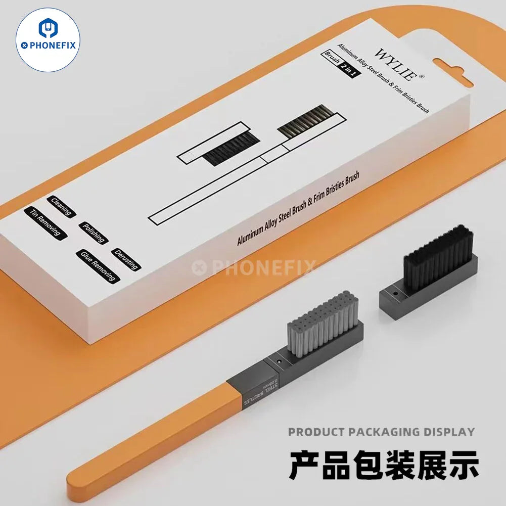 PhoneFix Wylie 2-in-1 aluminum alloy steel brush for PCB chip cleaning and repair, a versatile handheld tool for electronics maintenance.