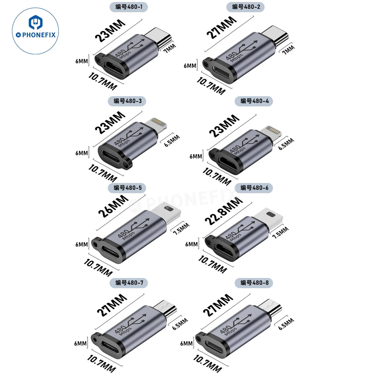 PHONEFIX MINI Type-C female/male USB lighting phone adapter for fast data transfer and charging, compact and portable.