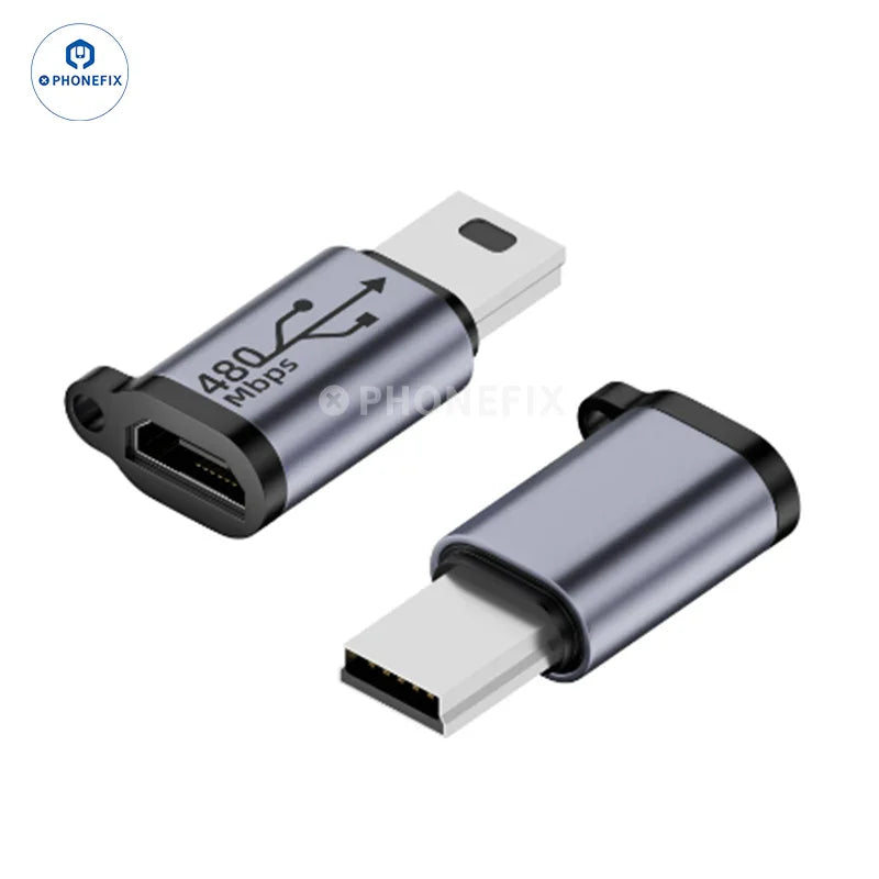 PHONEFIX MINI Type-C female to USB male lighting adapter showing compact design and connection ports for smartphones.