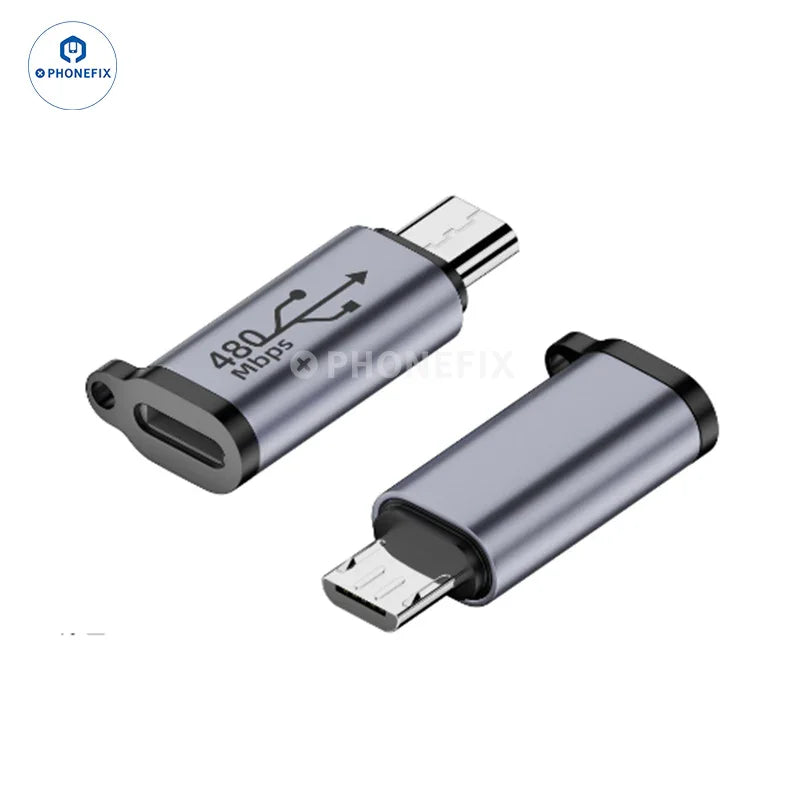 PHONEFIX USB Type-C female to micro male lighting adapter showing compact design and USB connection ports.
