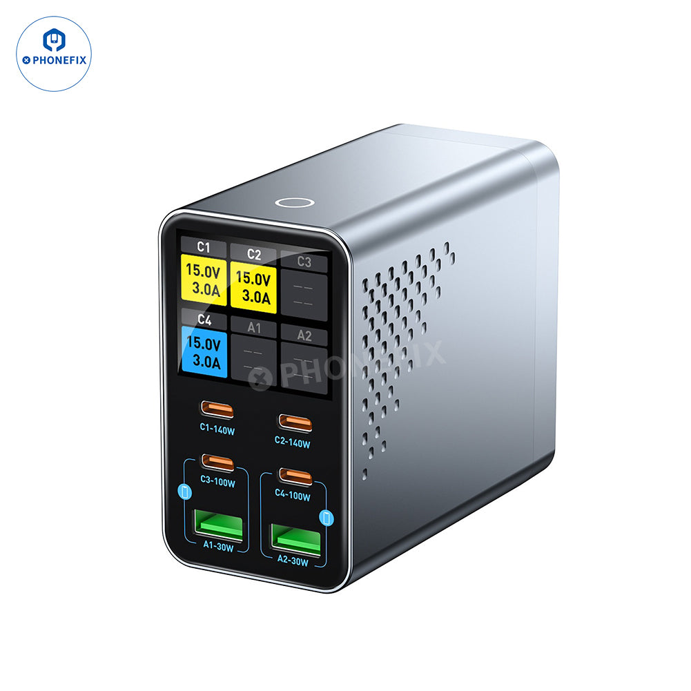 PHONEFIX 165W GaN USB desktop fast charger with smart display, designed for phones and laptops, showing charging ports and indicators.