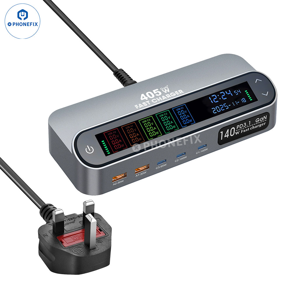 470W GaN digital charging station by PHONEFIX with multiple USB ports, including 140W PD3.1 super fast charging, UK plug.