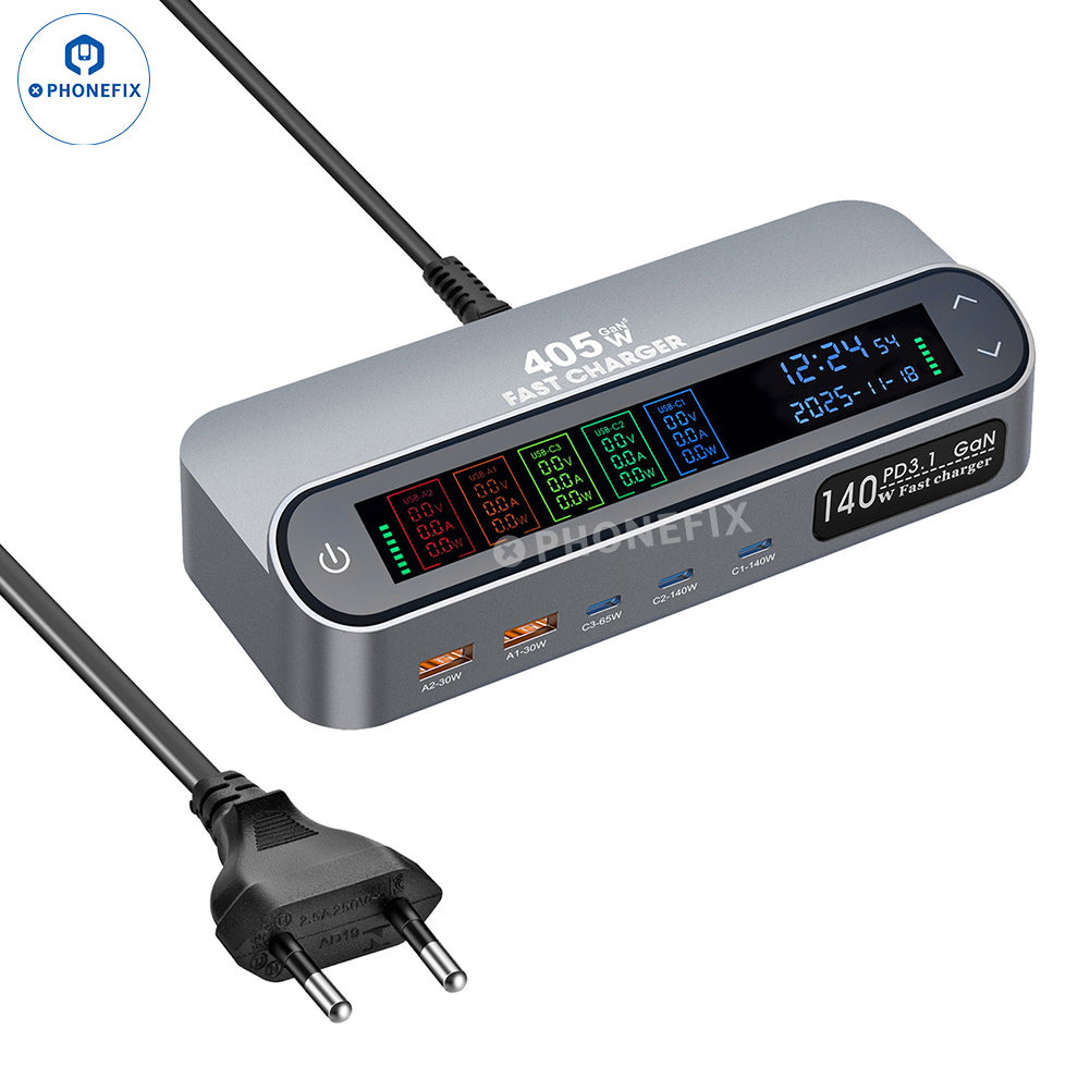 PHONEFIX 470W GaN USB charging station with 140W PD3.1 super fast charger, shown with multiple ports and compact design.