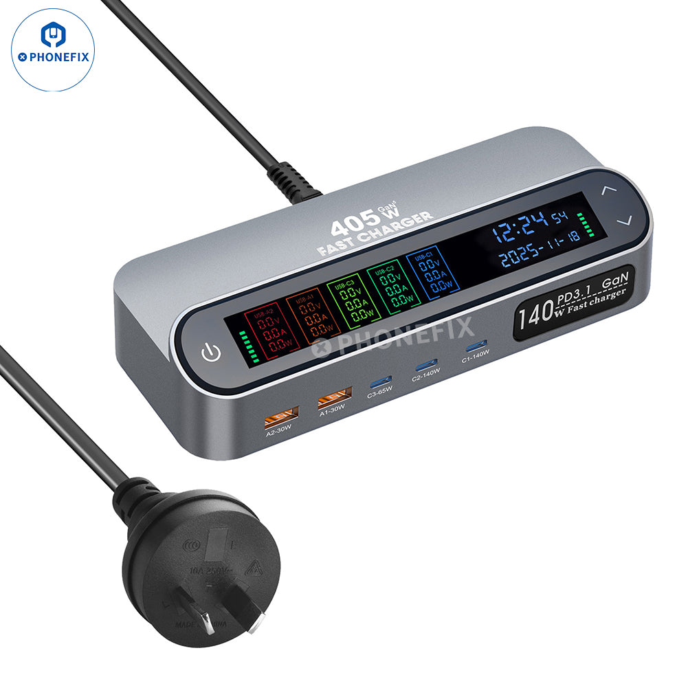 PHONEFIX 470W GaN digital charging station with 140W PD3.1 super fast USB charger, featuring multiple ports and compact design.