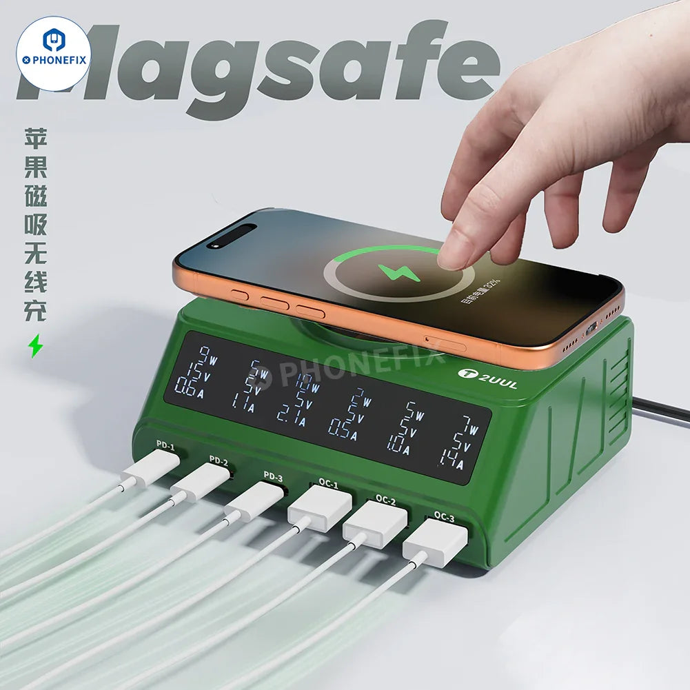 PHONEFIX USB Charging Station with multiple ports for wireless charging and mobile phone repair, compact and versatile design.