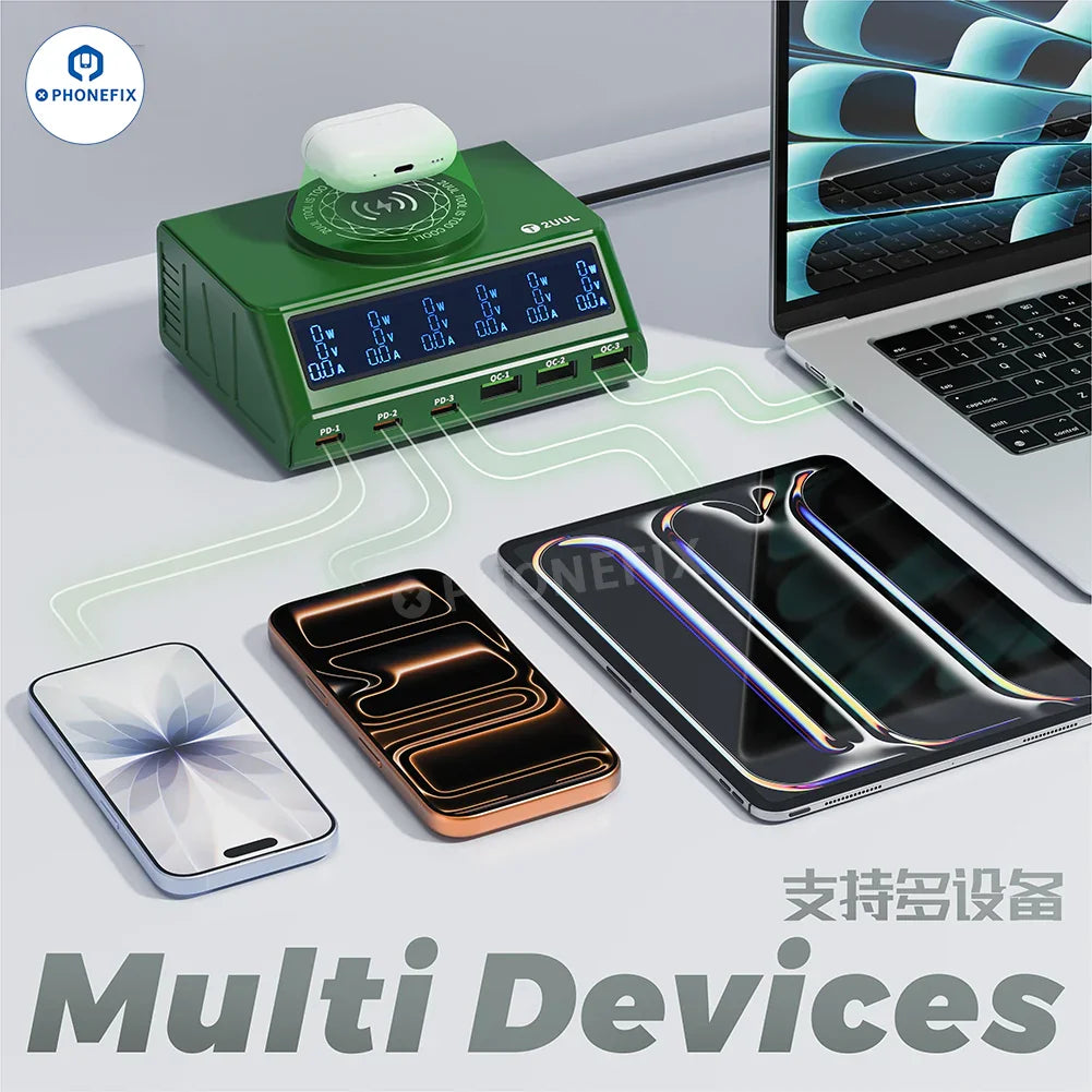 PHONEFIX PC11 2UUL USB multi-port wireless charging station for mobile phones, with multiple charging ports and sleek design.