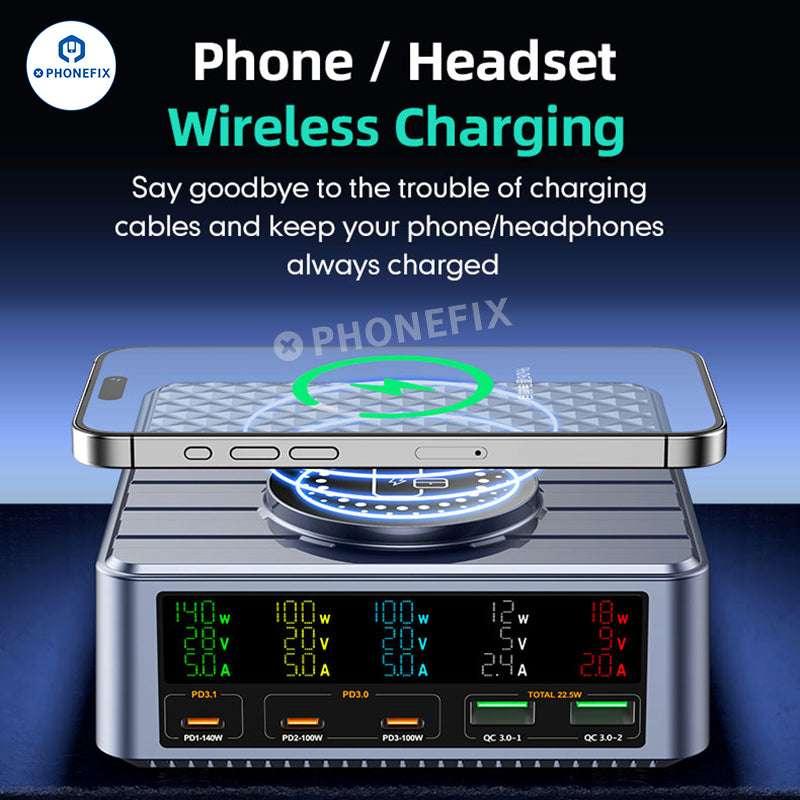 PHONEFIX WLX-F2 PD QC Wireless Charging Station with multiple USB ports and sleek design for fast device charging.