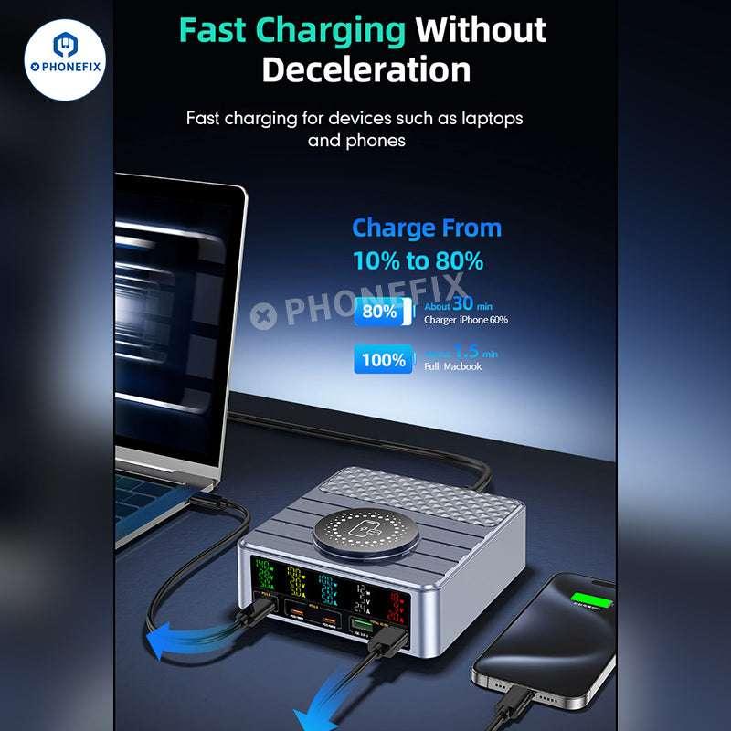 PHONEFIX WLX-F2 PD QC Wireless Charging Station with multiple USB ports for fast charging and device compatibility.