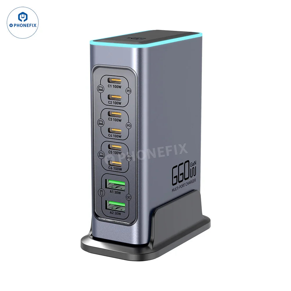 Estación de carga USB PHONEFIX WLX-F8L de 660 W con tecnología GaN y 8 puertos, que incluye múltiples puertos PD y QC3.0 para una carga rápida de dispositivos.