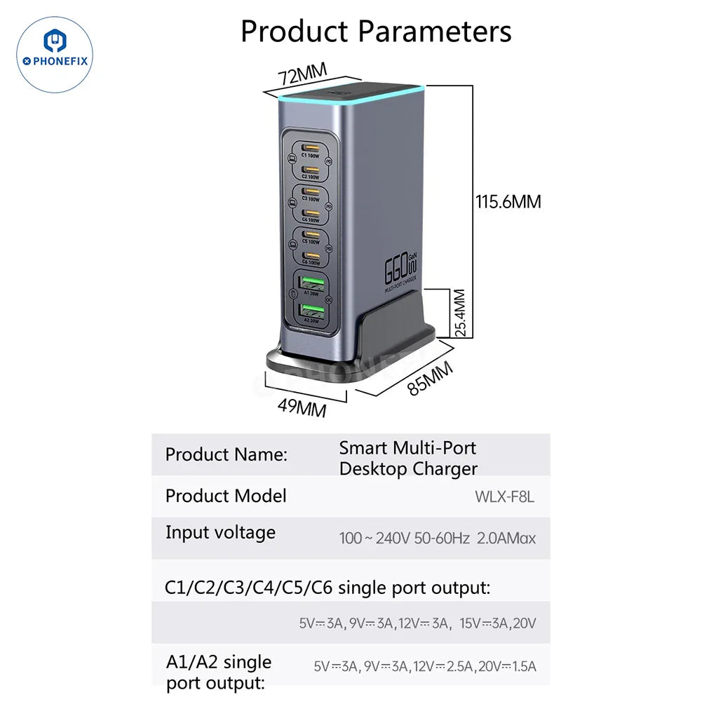 Estación de carga USB PHONEFIX WLX-F8L de 660 W con tecnología GaN y 8 puertos, que ofrece múltiples puertos y un diseño elegante para una carga rápida de dispositivos.