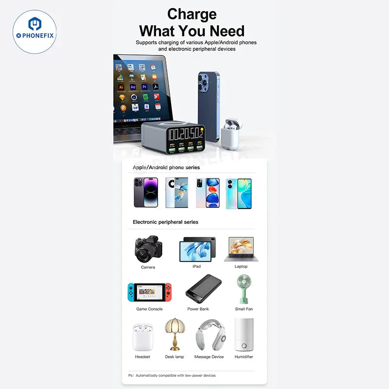 PHONEFIX WLX-M3 wireless charger and USB charging station with 8 ports, including USB-A and USB-C for fast device charging.