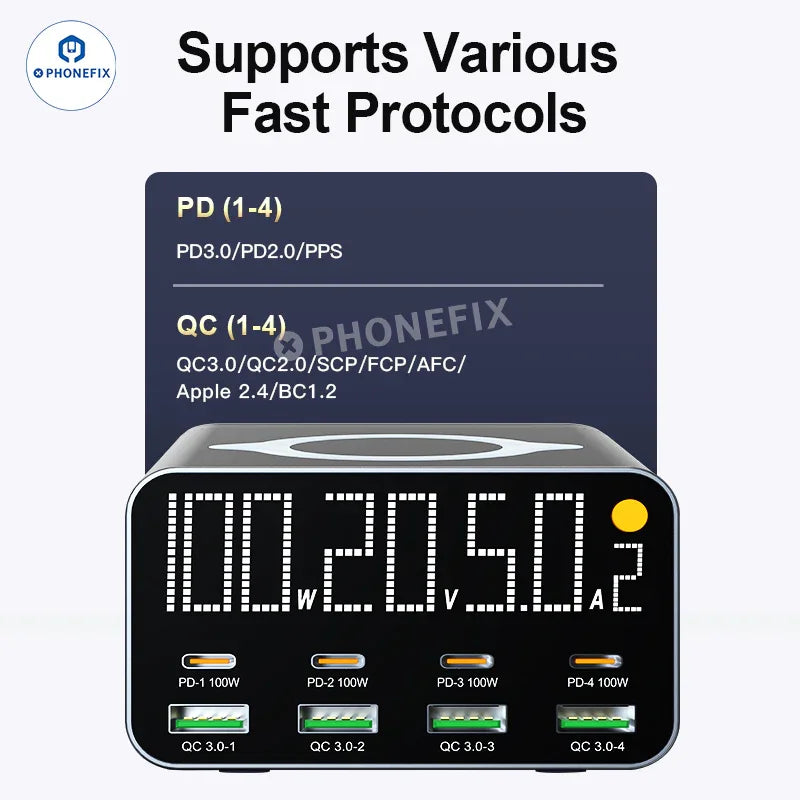 PHONEFIX WLX-M3 wireless charging station with 8 USB ports, including USB-A and USB-C for multiple device charging.