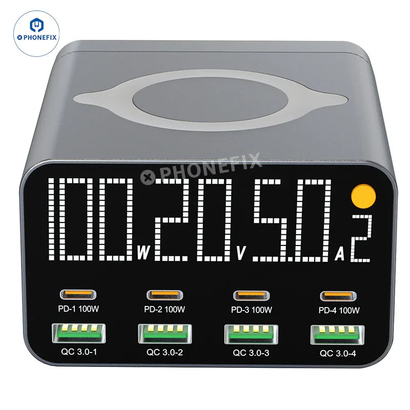 PHONEFIX WLX-M3 wireless charging station with 8 ports, including USB-A, USB-C, and QC PD for multiple device charging.