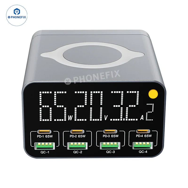 PHONEFIX WLX-M3 wireless charging station with 8 USB ports including USB-A and USB-C for fast device charging.
