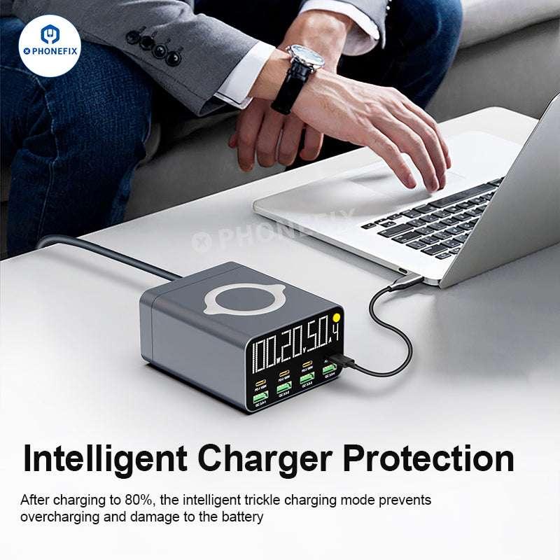 PHONEFIX WLX-M3 wireless charger and USB charging station with 8 ports, including USB-A and USB-C for multiple device charging.