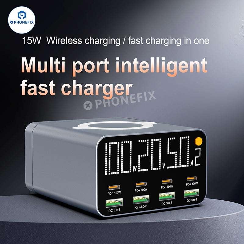 PHONEFIX WLX-M3 wireless charging station with 8 USB ports, including USB-C and USB-A, for fast device charging.