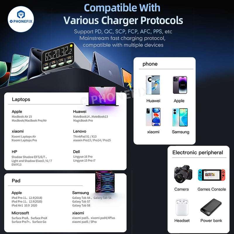 PHONEFIX WLX-M3 wireless charger and USB charging station with 8 ports, including USB-A and USB-C for multiple device charging.