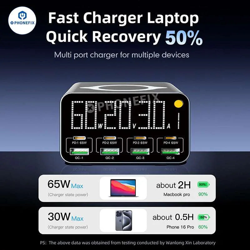 PHONEFIX WLX-M3 wireless charger and USB charging station with 8 ports, including USB-A and USB-C, for fast device charging.