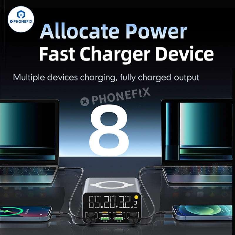 PHONEFIX WLX-M3 wireless charging station with 8 USB ports, including USB-C and USB-A, for fast charging devices.