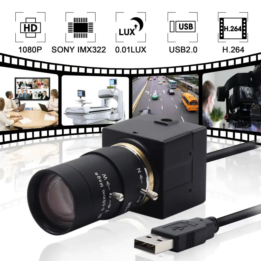 PHONEFIX 1080P varifocal USB webcam with industrial-grade build, suitable for high-resolution video conferencing and surveillance.