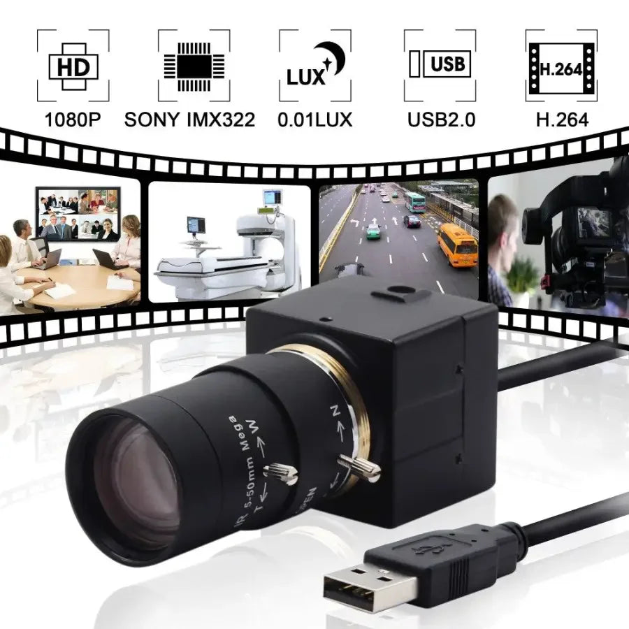 PHONEFIX 2MP 1080P Sony USB HDMI Webcam with varifocal lens, high-speed video, suitable for video calls and streaming.