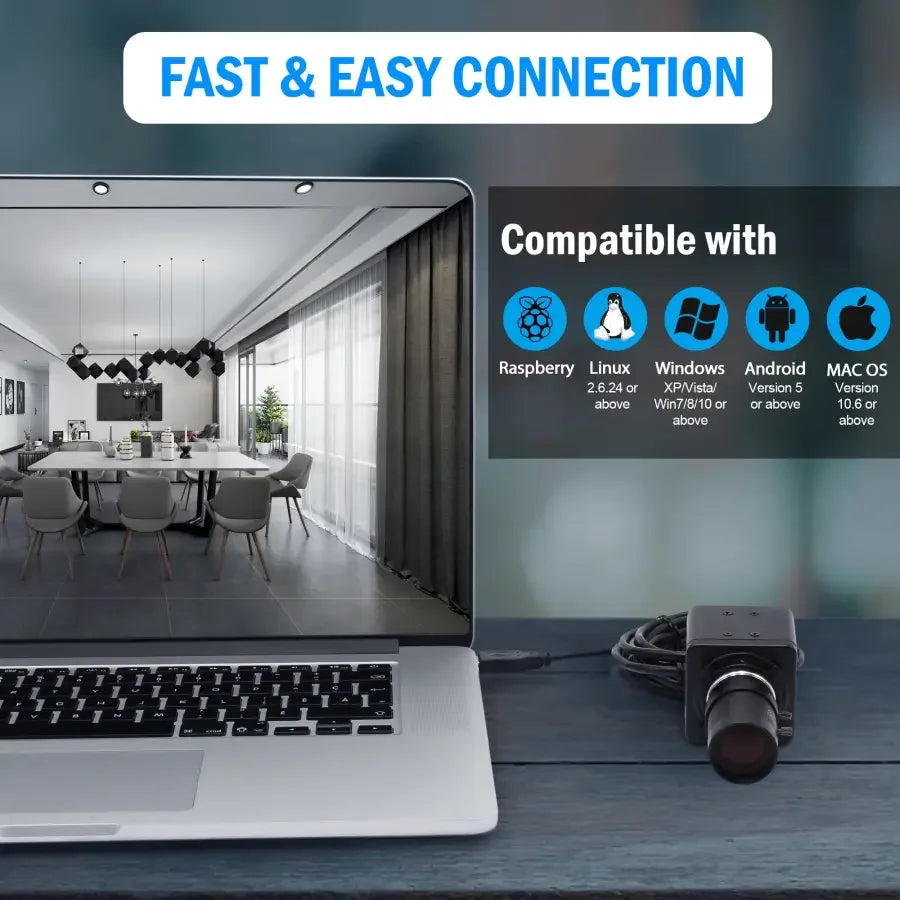 4K Sony high-frame-rate USB webcam with manual varifocal lens, suitable for HD video calls and streaming.