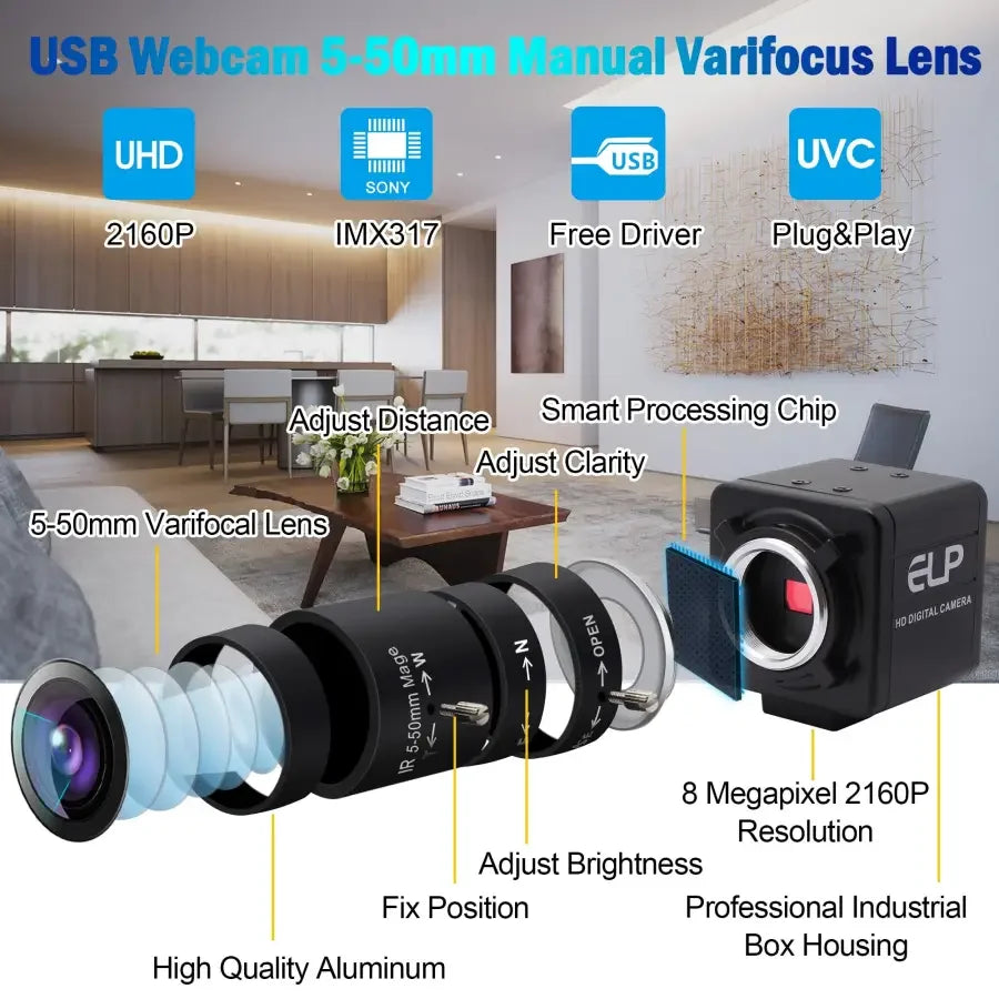 4K Sony high frame rate USB webcam with manual varifocal lens for clear video, ideal for streaming and video calls.