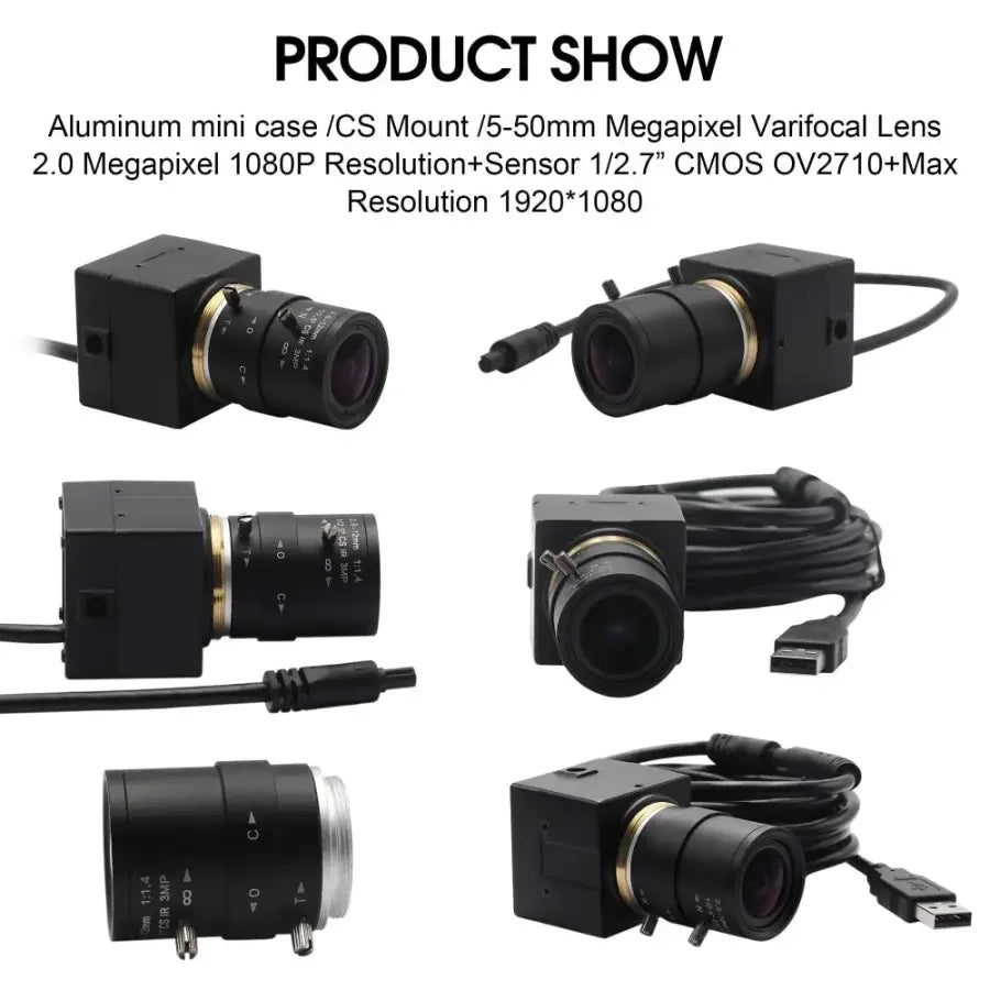 Industrial USB webcam with 120fps full HD resolution and varifocal lens, suitable for high-speed video and industrial applications.