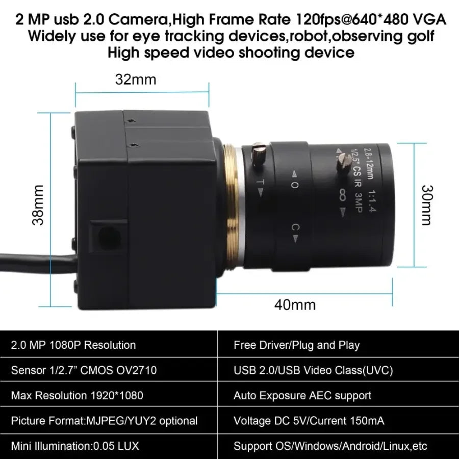 Industrial USB webcam by PHONEFIX with 120fps full HD video, varifocal lens, suitable for industrial and security applications.
